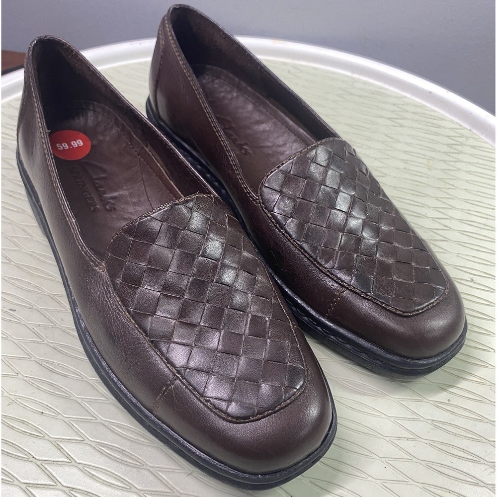 CLARKS SPRINGERS Womens Leather Brown Woven Intrecciato Loafers Driving Shoes 6M